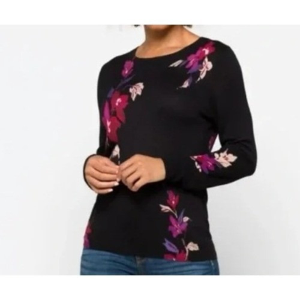 Daniel Rainn Sweater Black M Womens Floral Knit Crewneck D70005SR1